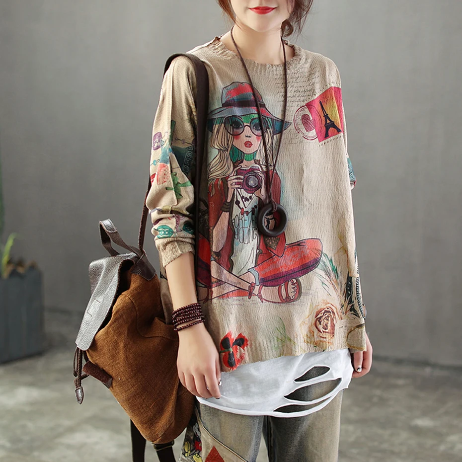 

Women Cotton Sweater Pullover Tops Knit Outwear Distressed Big Loose Retro Vintage Fashion Casual for Spring AZ62251919