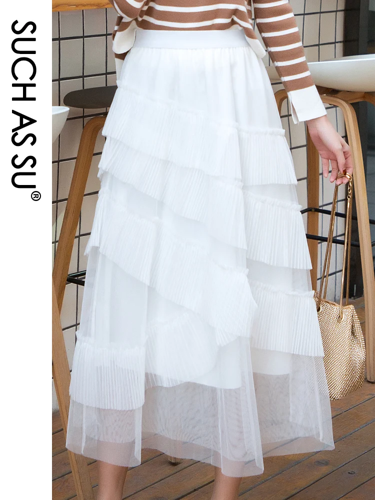 

SUCH AS SU Spring Summer Japan Style Mesh Stitching Ruffles Skirts Womens 4 Color High Waist Pleated Skirts Ladies Long Skirts