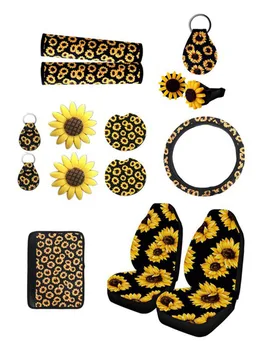 

6/10Pcs 3D Sunflower Universal Car Front Seat Covers+Steering Wheel Cover Automobile Seat Protector Interior Car Accessories