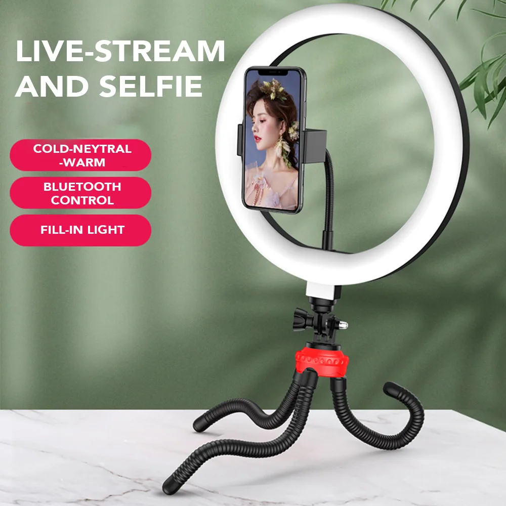 

2020 10" LED Selfie Ring Light with Octopus Tripod with Bluetooth Remote Adjustable Camera Stand Ring Lamp for Live Streaming