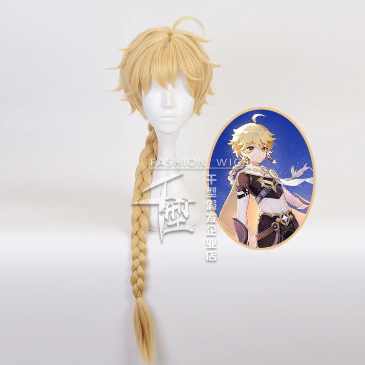 

2021 Genshin Impact Traveler Lumine Aether Anime Light Yellow Cosplay Heat Resistant Synthetic Wig Halloween Free Wig Cap