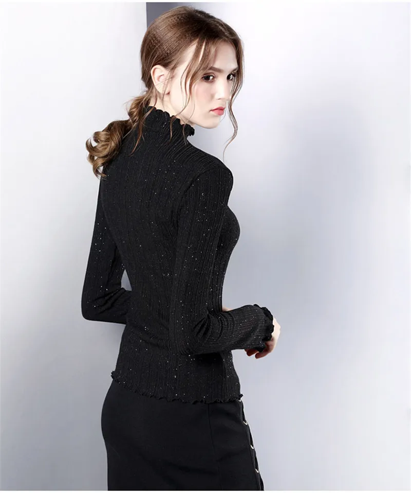 Женская футболка, новинка, осень, Вязанная, большой размер, Harajuku, футболка, женская, полувысокий воротник, плюс бархат, нижняя уличная одежда