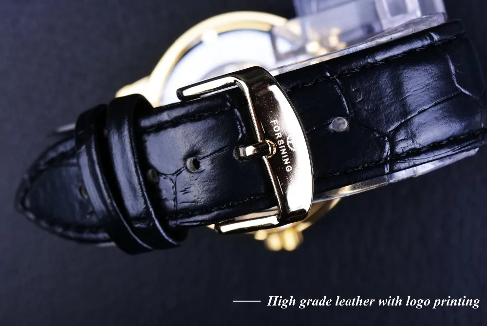 Forsining 3d Logo Design Hollow Engraving Black Golden Case Leather Skeleton Mechanical Watches Men Luxury Brand Heren Horloge