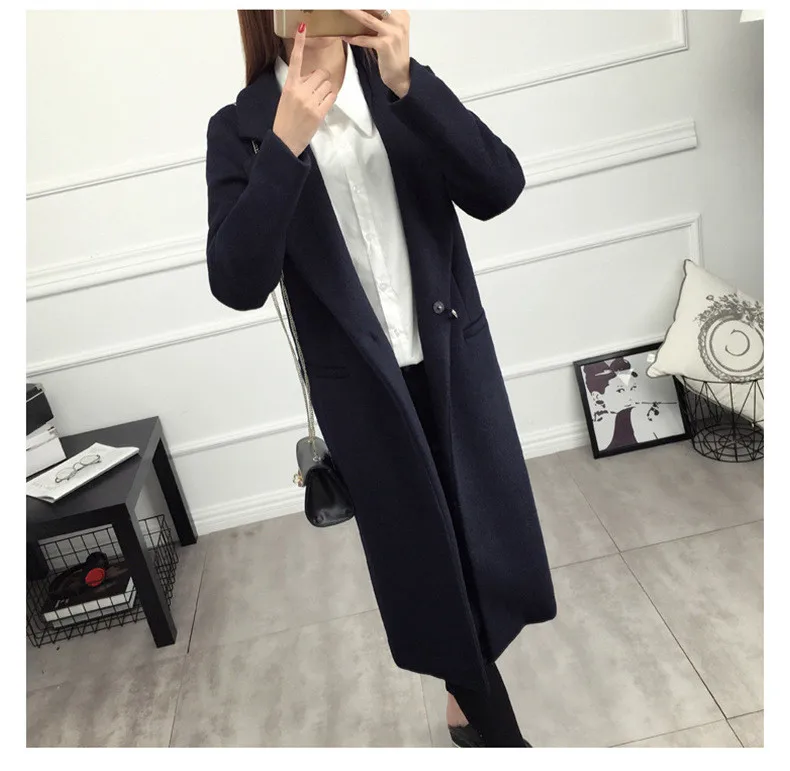 Зимнее теплое длинное женское Шерстяное Пальто с длинным рукавом, с отворотом, шерстяное пальто с большим карманом, верхняя одежда, пальто, женское повседневное свободное темно-синие пальто