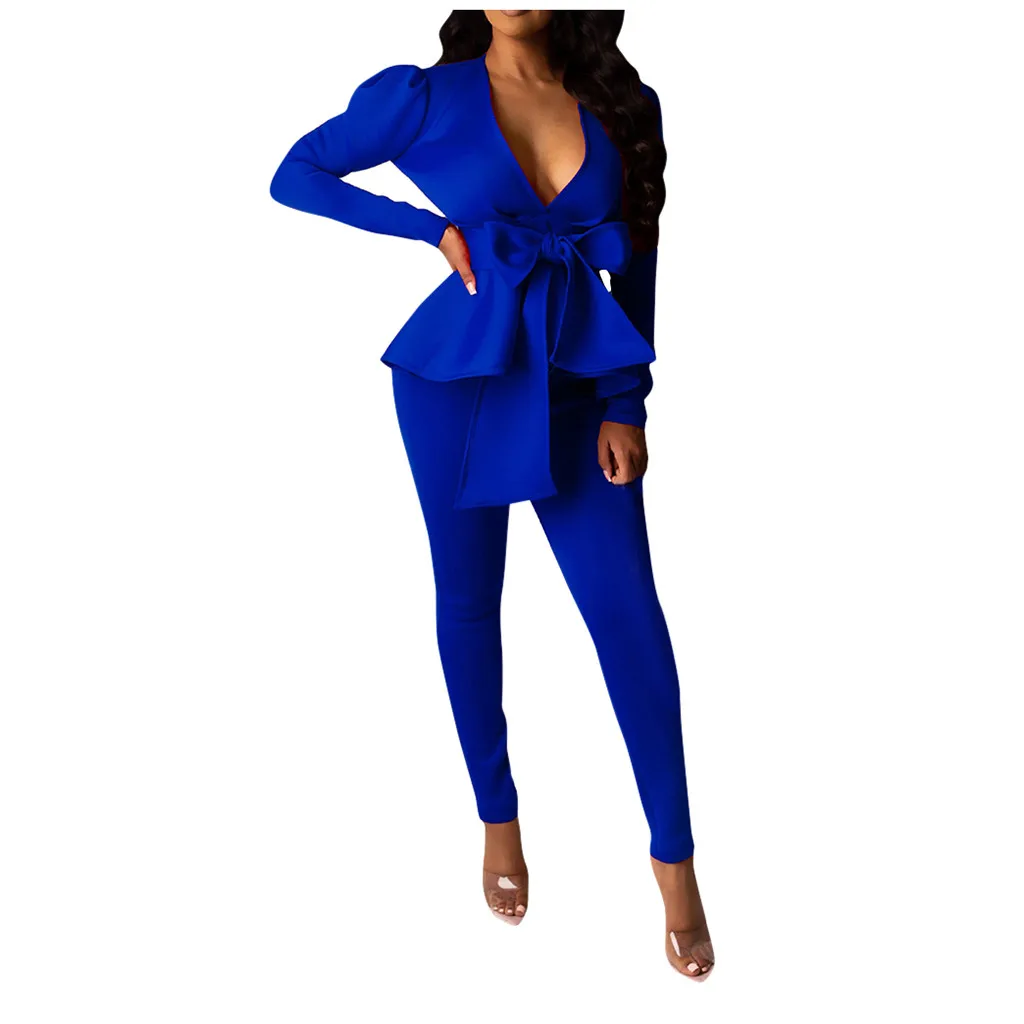 Blue Sagace одежда женские костюмы оборки пэчворк лук длинный рукав брюки костюм сплошной v-образный вырез топы с длинными рукавами Толстовка с цветами для девочек - Цвет: Blue