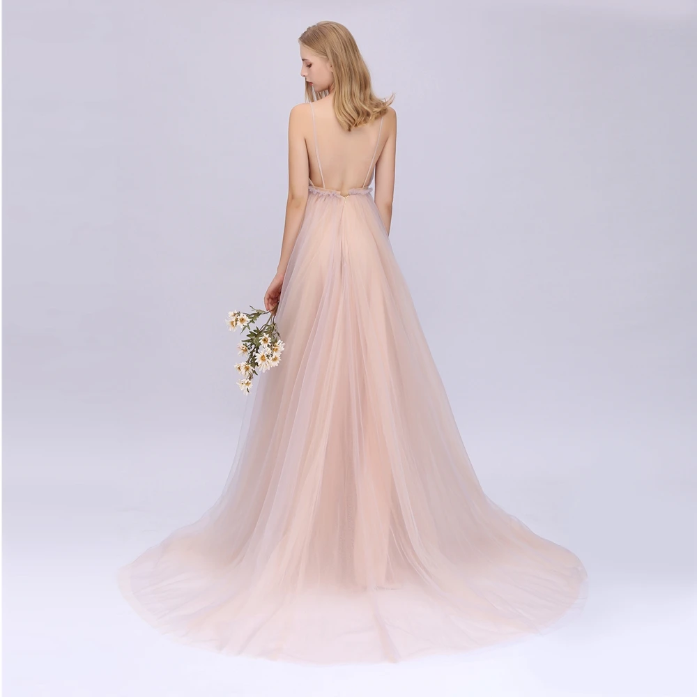 Online SSYFashion Neue Sexy Rosa Abendkleid V ausschnitt Sleeveless Blume Appliques Sweep Zug Backless Prom Party Kleider Robe De Soiree