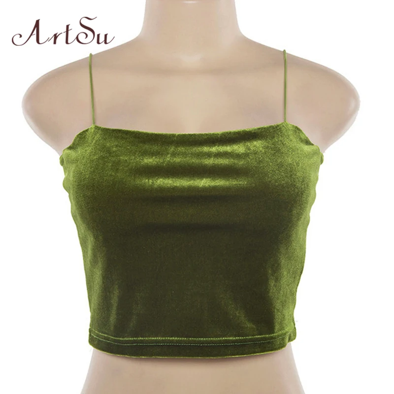 ArtSu зеленый бархат женский короткий соблазнительный ремень с плечом Camis открытая спина короткий топ Camisole уличная ASVE20458 - Цвет: Зеленый