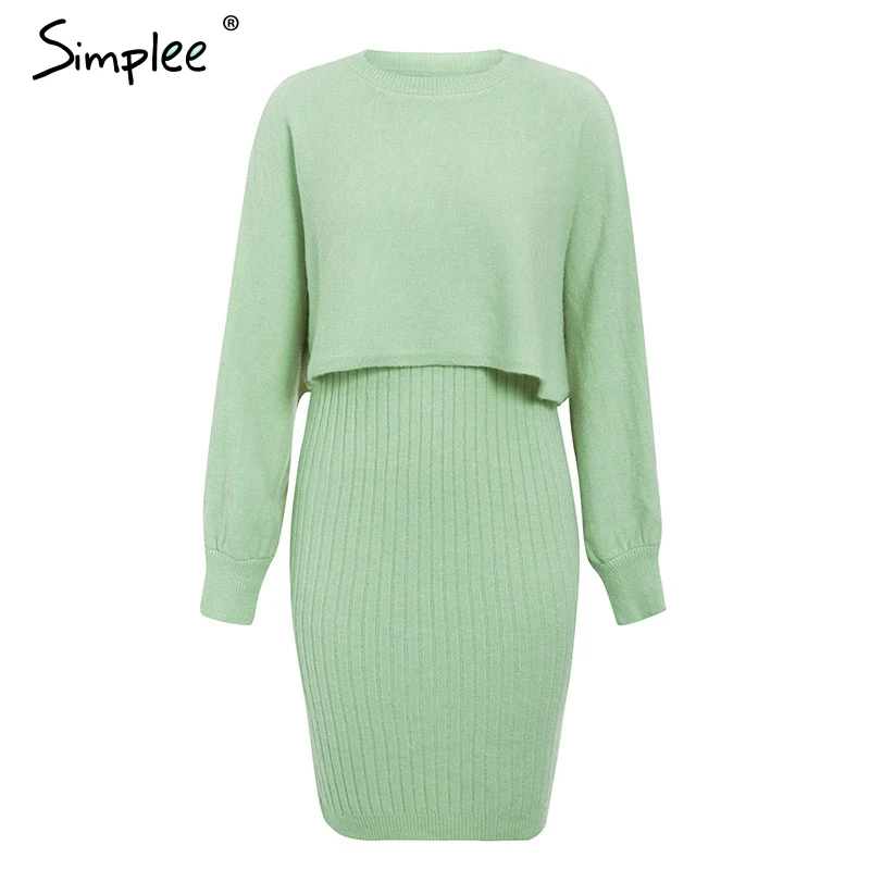 Long Green Simplee элегантный 2 шт. женское трикотажное платье, тонкое, без рукавов, платье-свитер, Осень-зима, Женский пуловер, свитер комплект с платьем - Цвет: Long Green