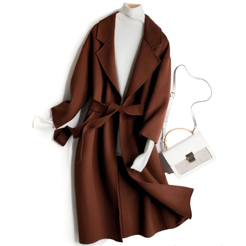 

2020 New double faced wool coat spring women's cashmere coat 100% wool free belt classic autumn winter show thin brown coat
