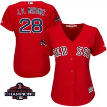 Женская футболка Boston J. D. Martinez Red Sox Scarlet с логотипом команды чемпионов мира