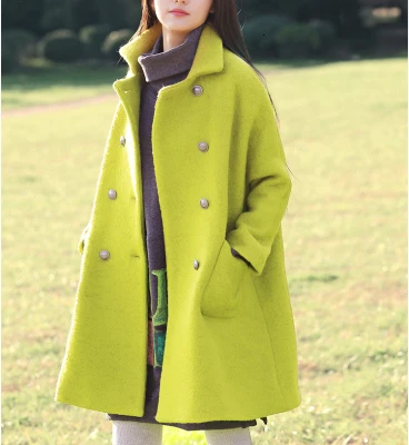 yellow green Новое зимнее шерстяное пальто для женщин, Осеннее корейское пальто, женская шерстяная куртка, женский плащ, двубортное шерстяное пальто, свободные длинные пальто для женщин - Цвет: yellow green
