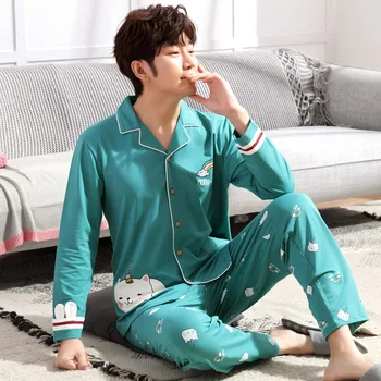 

Yidanna Men Pajamas Set Autumn Long Sleeved Fashion Sleep Clothing Male Cotton Sleepwear Casual Nightwear Simple Print Nighty