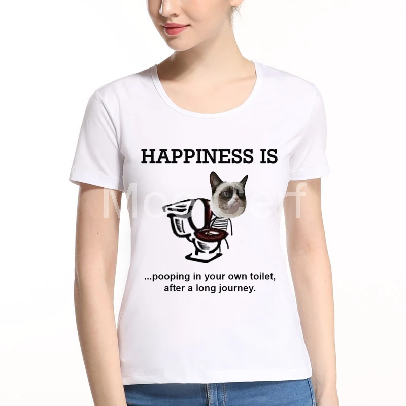 HAPPINESS IS POOPING IN YOUR OWN TOILET Letter Design T Shirt Women Funny 3D Cat Tops Girl Hipster Tee Kawaii Top L8-A-39 | Женская