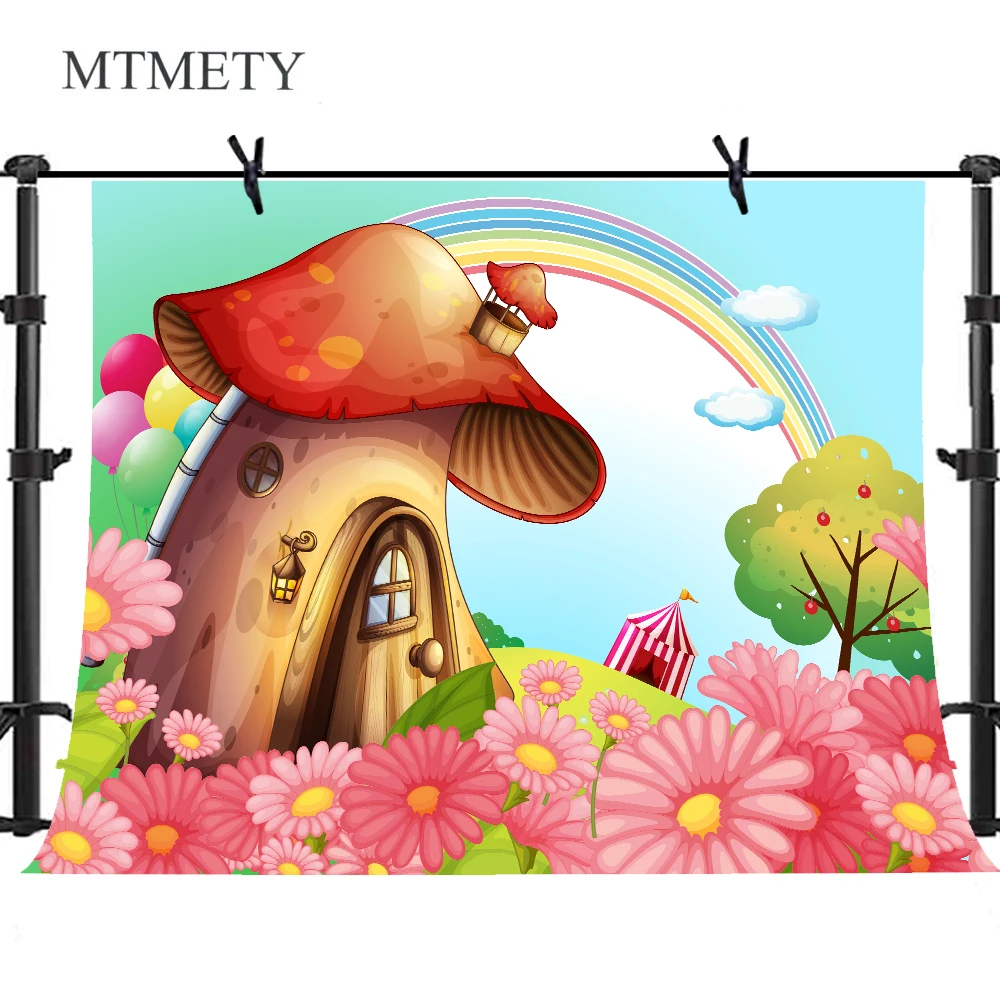 

MTMETY Cartoon Mushroom House Rainbow Photography Backdrop Children Baby Birthday Party Photographic Background For Photo Studio