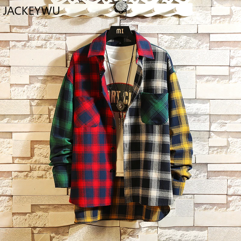 Personality Korean Version Of The Trend Color Matching Flannel Men Shirt Slim Fit Plaid Casual Shirts Hip Hop Loose Long Slee |