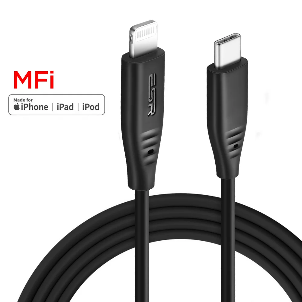 ESR MFi сертифицированная PD кабель-Переходник USB C на молнии Мощность доставки Тип C Быстрый зарядный кабель для передачи данных для XR/XS Max/XS/X/8/8 Plus/iPad Pro - Цвет: Black