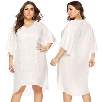 

Cover Up Beach Dress Swim Out Woman Beachwear For Women Outlet Irregular Trumpet Long Sleeve Neck Loose Lace Chiffon Patchwork