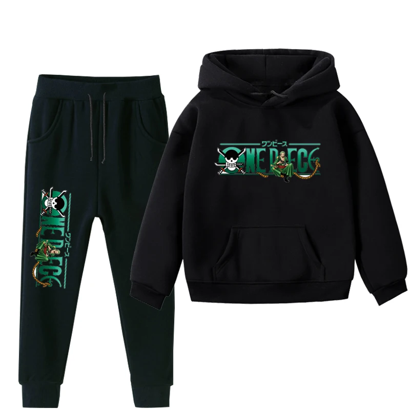 Boys Girls 2Pcs Clothes ONE PIECE Luffy Kids Hoodies And Pant Children Plus Velvet Clothes Set Winter Black Sportsuit For 2-14Y - Цвет: 016