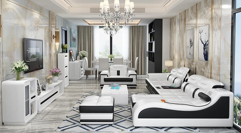 Modern sofa set living room chaise lounge reclining solid wood and leather | Мебель