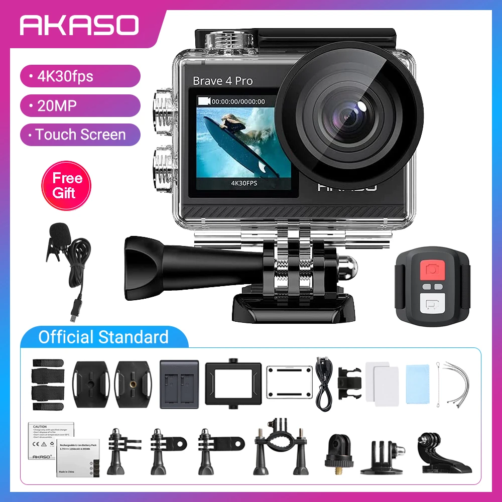 AKASO Waterproof Camera 4K30FPS Brave 4 Pro Action CameraTouch Screen 20MP Video Underwater Camera 4K Sports Camera 2xBatteries light action camera