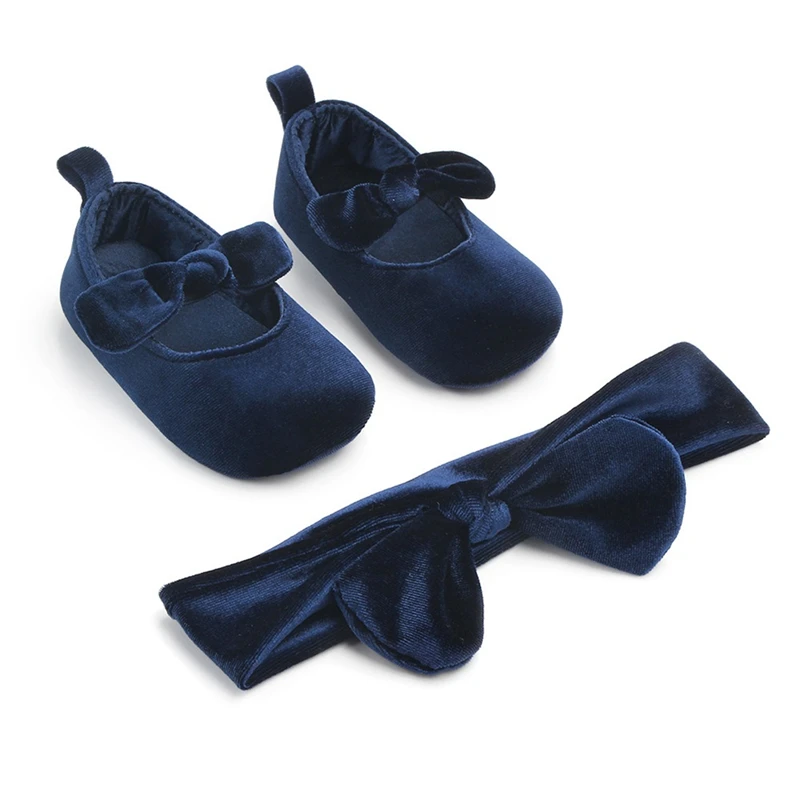 Newborn Infant Cute Baby Shoes Girl Comfort First Walkers Gold Velvet Soft Sole Princess Bowknot Crib Shoes With Hairband 0-18M