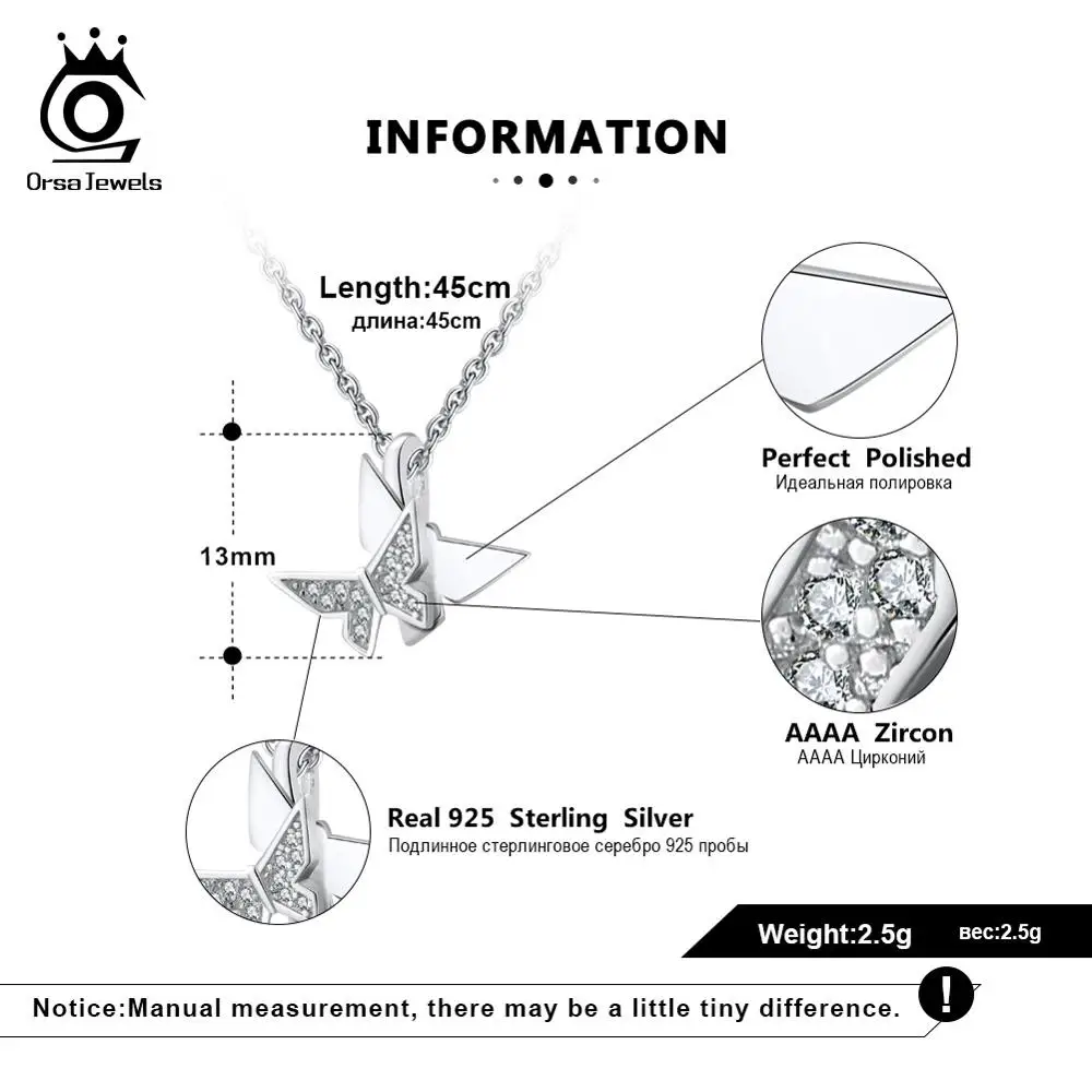 ORSA JEWELS подлинное 925 женское ожерелье с бабочкой АААА циркониевое Серебро Цвет Стерлинговое Серебро Ожерелье Ювелирные украшения SN160