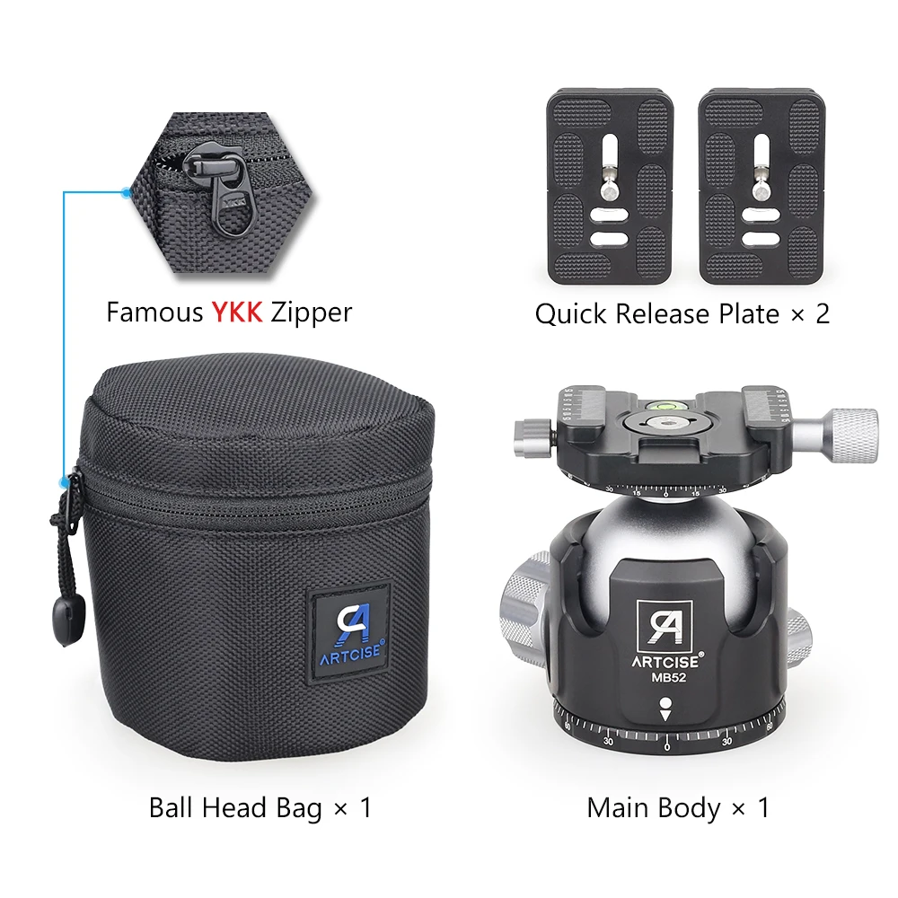 Low Profile Tripod Head Universal Panoramic Ball head for Camera CNC Metal 52mm Ballhead Mount with extra Quick Release Plate