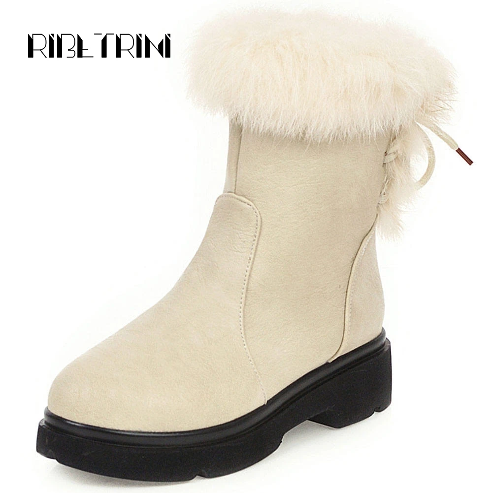 

RIBETRINI Mid Calf Snow Boots For Women Winter Fur Flat Platform Heels Round Toe Platform Shoes Woman Lace Up Outdoor Boots