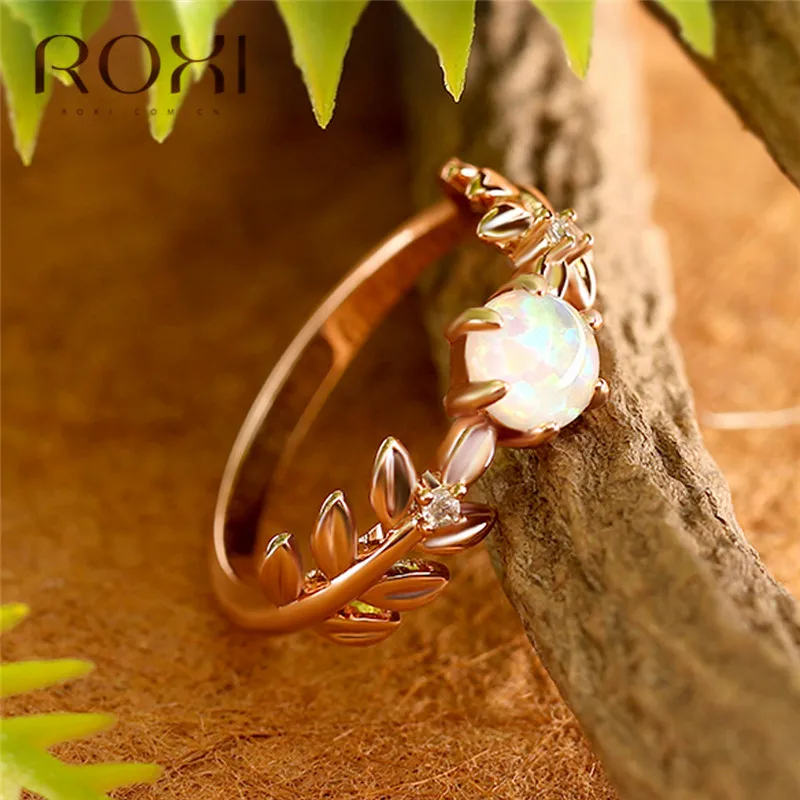 ROXI Cute Laurel Wreath Wedding Rings for Women Olive Tree Branch Leaves Finger Ring Knuckle Jewelry Fire Opal Crystal Rings