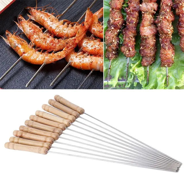 10Db Rozsdamentes Acélból Származó Bbq Nyárs Fa Fogantyúval Újrafelhasználható Piknik Barbecue Kültéri Főző Szerszám Konyhai Kiegészítők