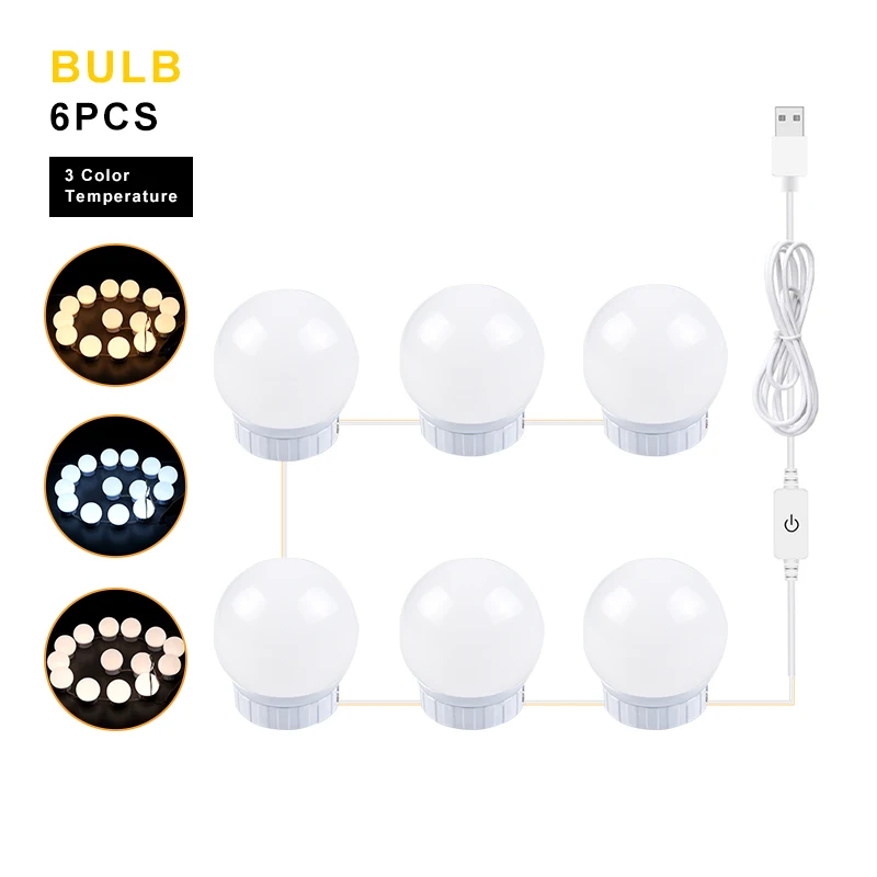 3 colors 6 bulbs USB 5V макияж зеркало светильник косметическое зеркало, лампа сенсорный Сенсор Плавная затемнения настенный светильник 2/6/10/14 лампы для туалетного столика крытый деко - Испускаемый цвет: 3 colors 6 bulbs