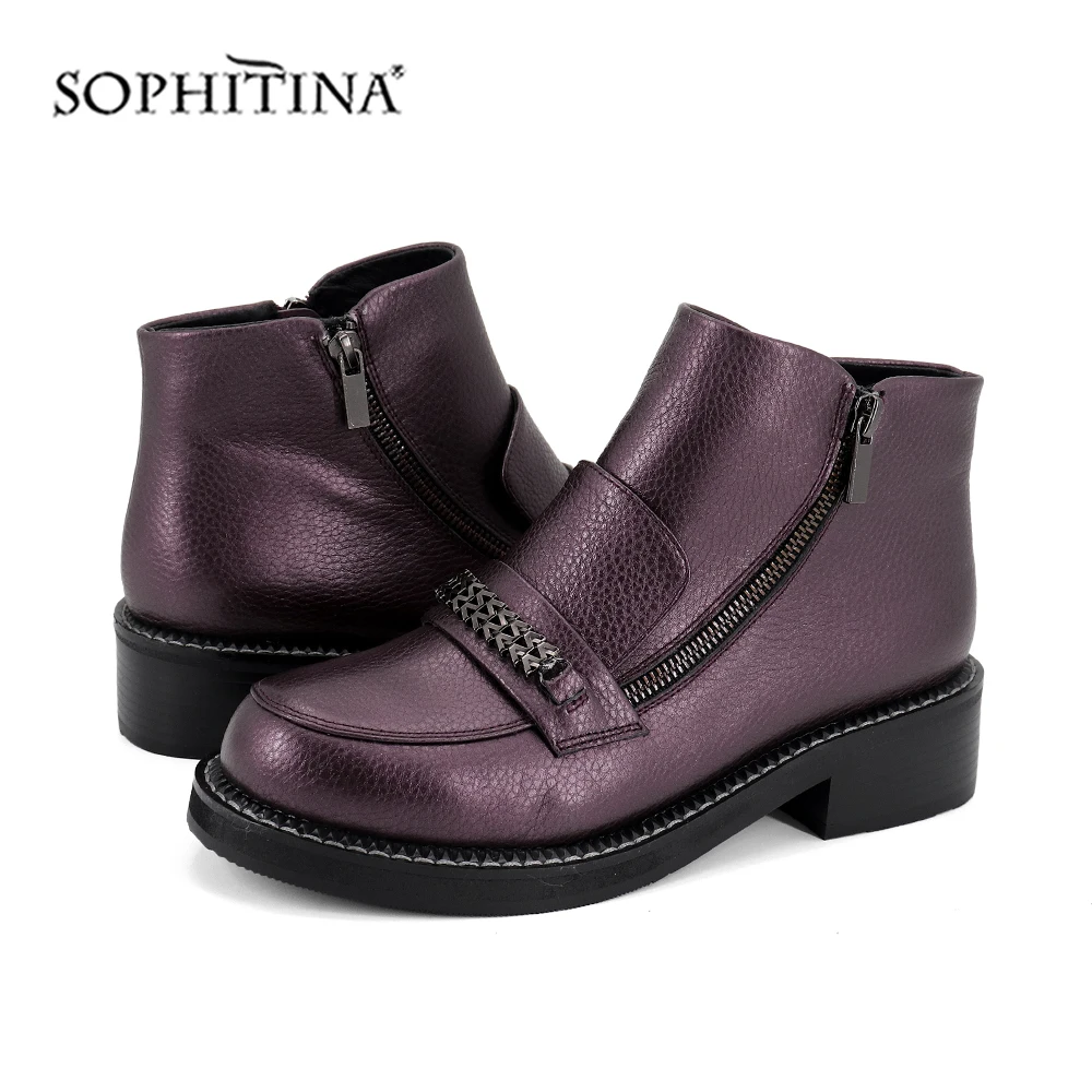 SOPHITINA/модные дизайнерские ботинки на молнии Новые Удобные однотонные ботинки с круглым носком на квадратном каблуке с металлическими украшениями женские ботильоны; PC389
