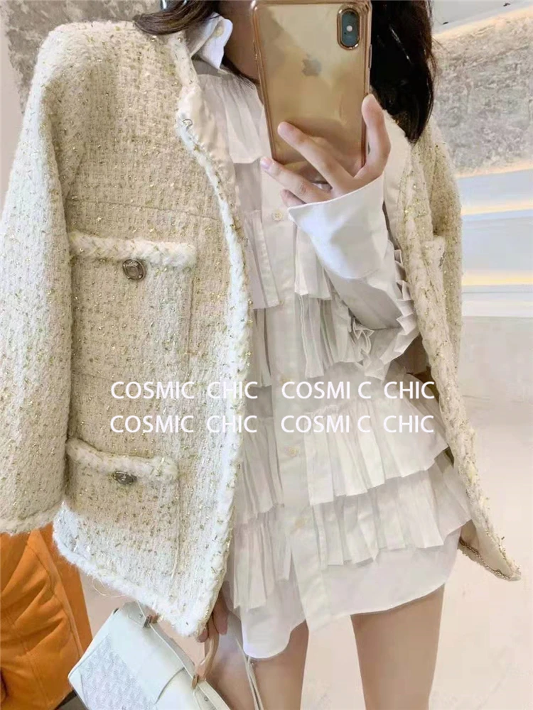 Cosmicchic Женская Осенняя элегантная белая короткая куртка Роскошная шерстяная твидовая куртка с длинными рукавами и золотым плетением нитей OL Женская куртка