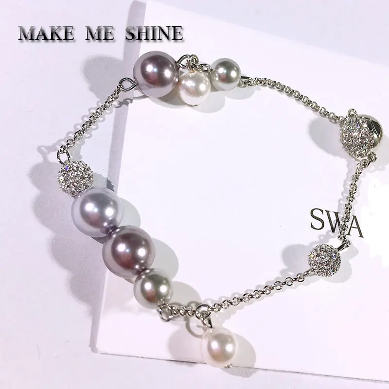 Женский SWA нежный браслет с жемчугом и кристаллами, невидимая магнитная пряжка, Женская цепочка на запястье, ювелирное изделие, элегантный подарок