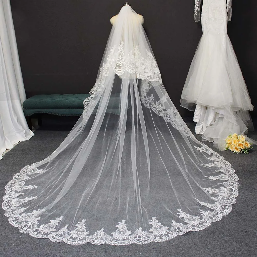 

Luxury Long Lace Wedding Veil with Comb 2 Layers 3 Meters Bridal Veil Cover Face Bride Veil with Blusher Wedding Accessories