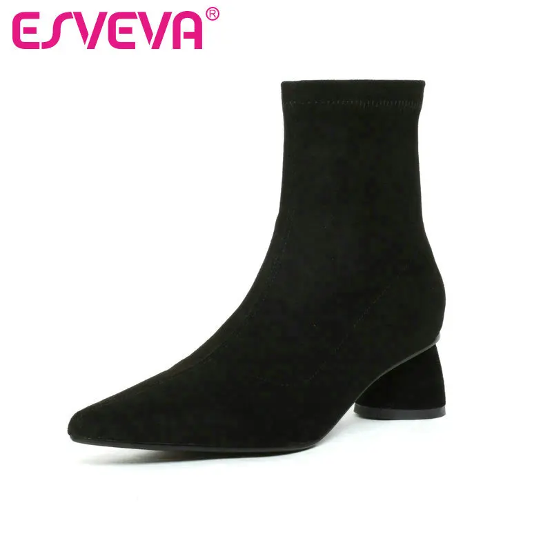 

ESVEVA 2020 Autumn Women Shoes Winter Ankle Boots Square Med Heel Elegant PU+Leather Motorcycle Platform Boots Size 34-39