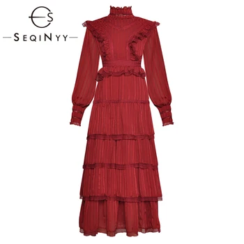 

SEQINYY Red Dress 2020 Summer Spring New Fashion Design Women Long Sleeve Lace Ruffles High Quality Midi Dress