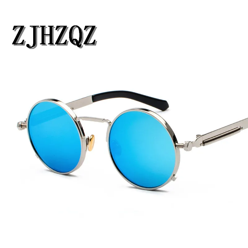 ZJHZQZ, женские поляризованные солнцезащитные очки, мужские, стимпанк, круглые солнцезащитные очки, маленькие круглые линзы, очки в стиле панк, ретро, винтажные, авиаторы, солнцезащитные очки - Цвет линз: Silver Blue