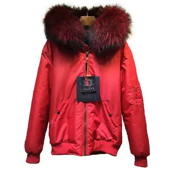 

Short Style Red Jacket Wine Red Elegengt Color Real Raccoon Fur Collar Baseball uniform Environmentallyfriendly faux fur liner