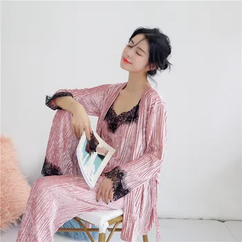

Women Sexy Pajamas Set Winter Autumn Solid Velvet Long Sleeve Cute Sleepwear Sleep Lounge Set Homewear Female Pyjamas 3pcs Suits