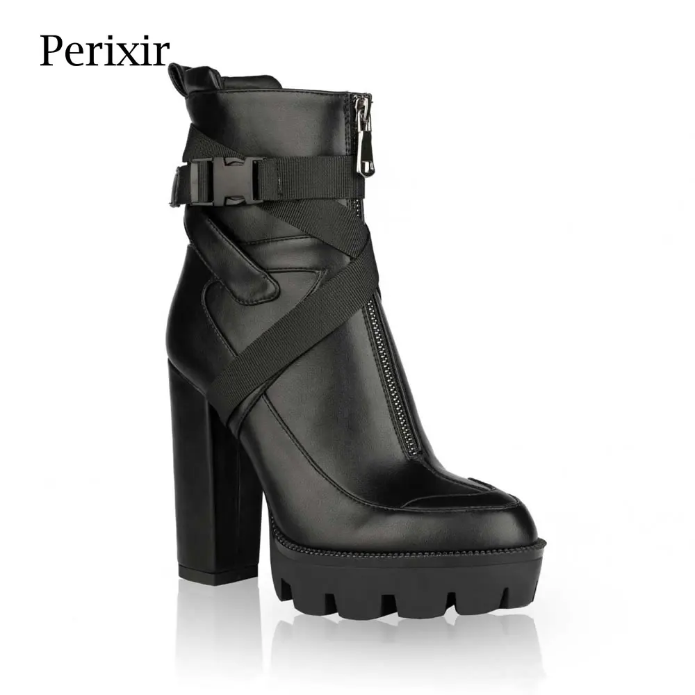 

Perixir Platform Ankle Boots Women 12cm Thick Heels Ladies Round Toe High Heels Boots Black White 2020 Autumn/Winter Shoes