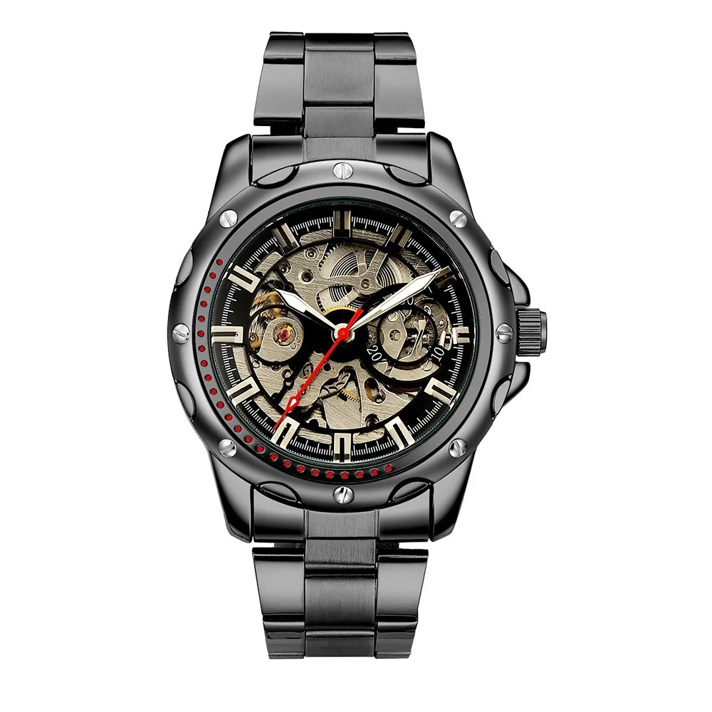 

Shenhua Deep China Men Automatic Analog Watch Hollow out Trainspotter Silver Black Two-color Steel Belt Watch