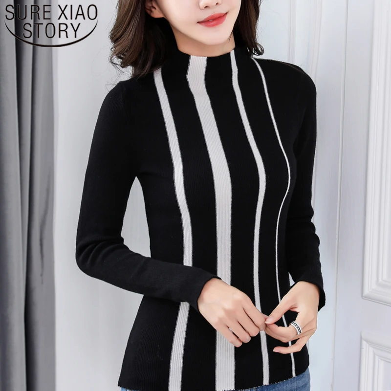Women sweaters and pullovers 2019 turtleneck sweater knit sweater women Striped Standard korean sweater ladies balck top 7606 50