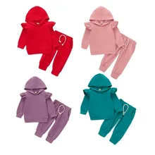 Г., Осенние однотонные хлопковые повседневные топы с капюшоном и длинными рукавами для маленьких девочек, штаны, спортивный костюм комплект одежды из 2 предметов, размер 0-3Y