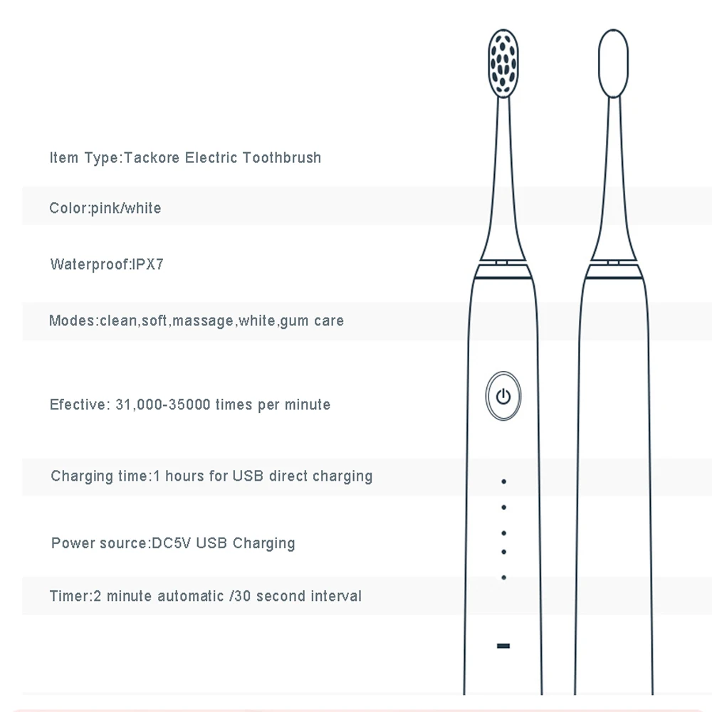 Tackore 1+ 5 головок электрическая зубная щетка Sonic Wave перезаряжаемая USB перезаряжаемая зубная щетка моющаяся умная зубная отбеливающая щетка