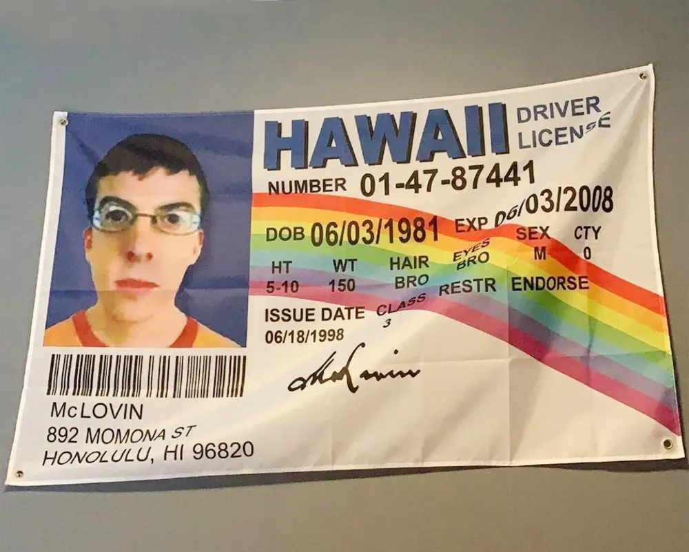 Dostosowane flaga Mclovin 90x150cm poliester fałszywy ID prawo jazdy hawaje Mclovin flagi College akademik Banner