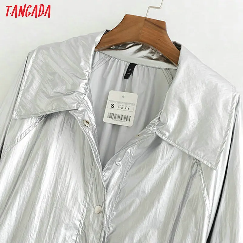Tangada Модный женский осенне-зимний однотонный блестящий длинный плащ, Элегантный Женский Тренч с поясом, Офисная уличная одежда, длинный Тренч 1D356