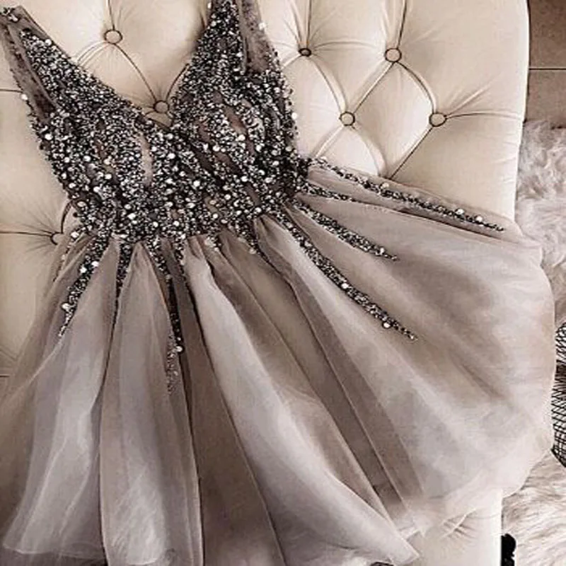Same as image Sparkle Beading Pleat Sequined A-line Cocktail Dresses Simple Sleeveless V-neck Mini Party Gown коктейльное платье - Цвет: Same as image