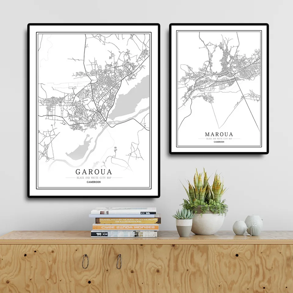 

Креативная Карта города из Камеруна, фотография фотообои черного и белого цвета, Художественная печать, Постер, картина, украшение для дома