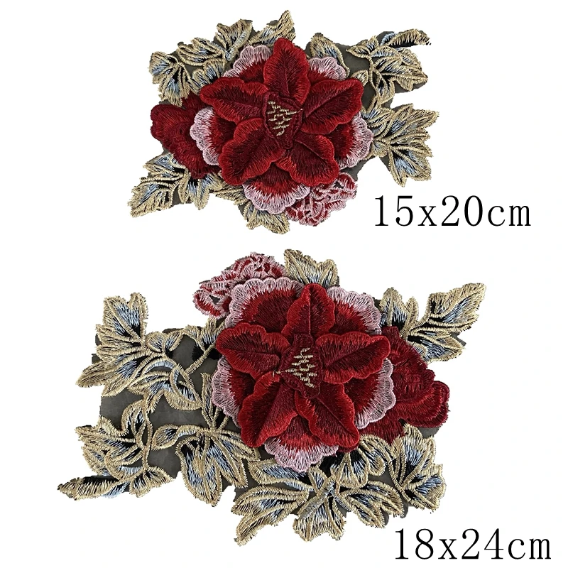 

2ps 3D sewing on red flower applique sew on embroidered patches for jackets